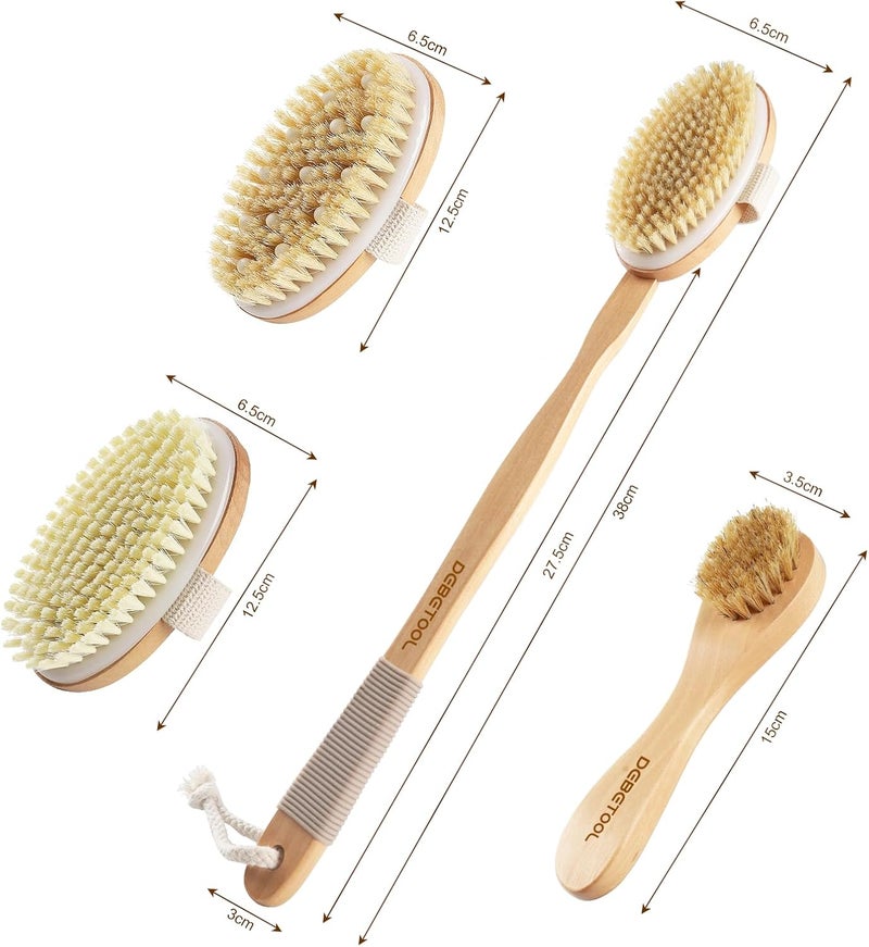 DEBETOOL Dry Brushing Set - Natural Boar Bristle Body & Face Brush, Wooden Long Handle Scrub Brush for Cellulite & Lymphatic Drainage Body Care, Detachable, 3 Brush Heads - Image 4